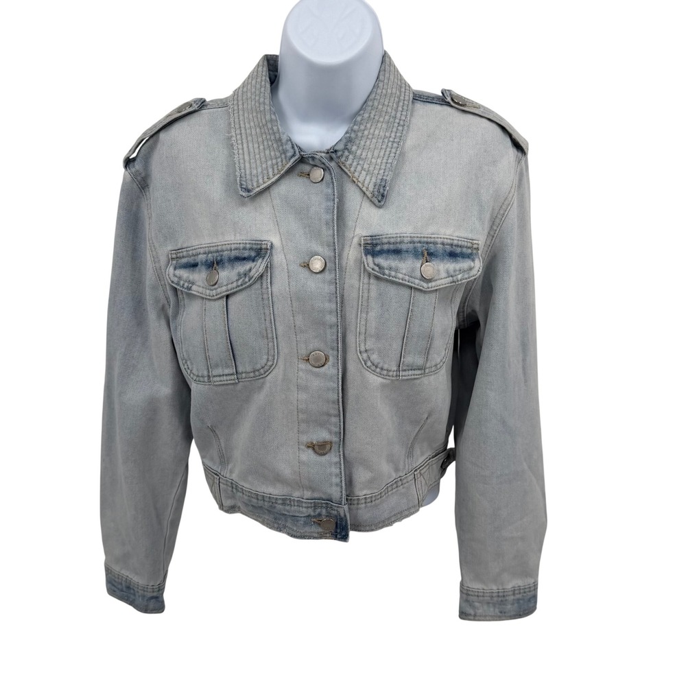 80s‎ BBJ Los Angeles Womens S Jacket Light Wash Cropped Denim Quilted Collar